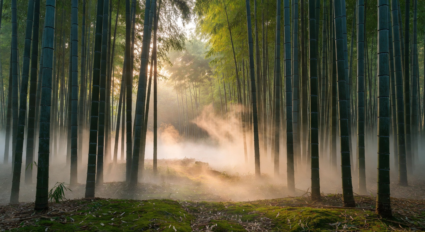 Serene bamboo forest shrouded in morning mist